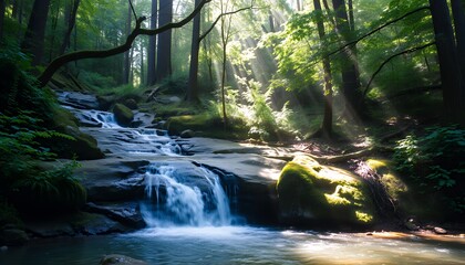 A serene waterfall cascading over mossy rocks in a dense forest.