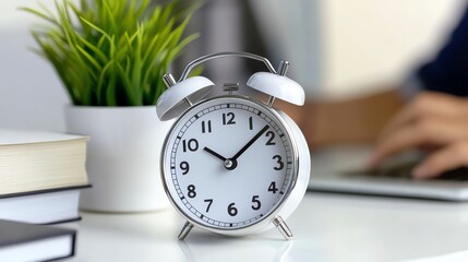 White Alarm Clock on Desk with Books and Plant Near Person Typing