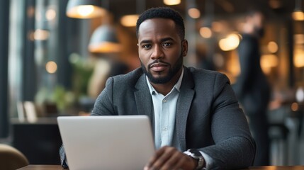 A mid-adult African American man, with his skin a shade of porcelain, sat at a mahogany table in a modern office, his gaze focused on a laptop screen, the glow of the screen illuminating his