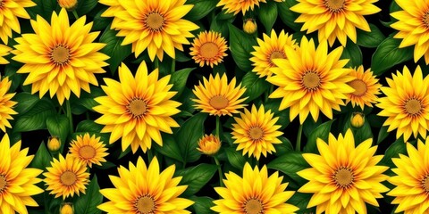 Seamless pattern of radiant sunflower-yellow dahlias and deep green leaves, green, beauty