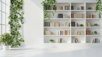 A pristine white bookshelf, adorned with vibrant green plants and neatly arranged folders, stood majestically against the backdrop of a textured white wall, a minimalist masterpiece of organized