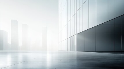 A sleek, minimalist business backdrop featuring a towering skyscraper, its glass facade shimmering in the soft sunlight, and a blurred office setting in the foreground, evoking a sense of ambition