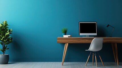 A sleek, minimalist home office desk, its surface adorned with a single, vibrant blue wall that provides a neutral backdrop for mockups or copy space, inviting viewers to personalize their own