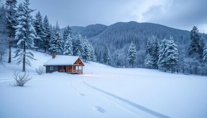 Serene snowy Japanese landscape viewed from a secluded cabin; pristine winter scene, winter nature, scenic
