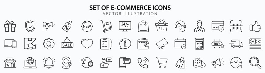E-Commerce set of web icons in line style. Online shopping icons for web and mobile app. Business, mobile shop, digital marketing, bank card, gifts, sale, delivery. Vector illustration
