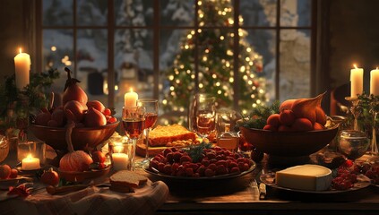 Naklejka premium Festive Christmas dinner table by snowy window