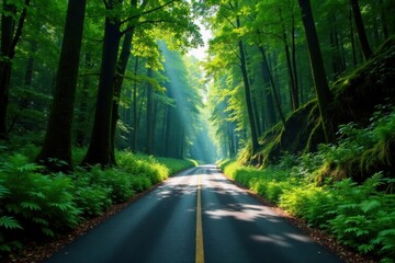 Obraz premium Sunlit Pathway Through a Lush Green Forest with a Winding Road