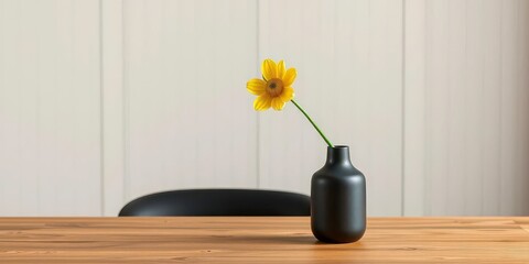 Single yellow flower in sleek black vase on wood table Minimalist home decor,  peaceful,  room