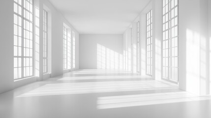 Obraz premium A sleek, minimalist office mockup showcases a vast expanse of panoramic windows, through which sunlight streams down, illuminating a pristine white canvas that awaits the vibrant splash of color of
