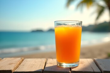 Obraz premium Fresh orange Juice in glass on wood table with beach background. Beverage menu concept. Vacation and holiday concept