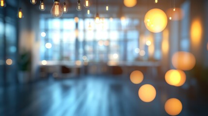 A blurred office space, bathed in the ethereal glow of an abstract light bokeh, hinting at an open floor plan and the subtle hum of activity within. The office interior serves as a canvas for the