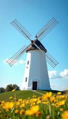 Classic white windmill, four long blades spinning, sunny day, sunny, landscape