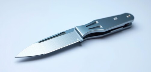 Sleek silver multitool knife, blade prominent, white background, white background, stainless steel