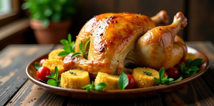 Juicy roast turkey surrounded by golden stuffing with herbs on rustic table, table, food, herbs