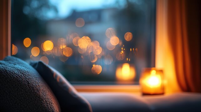 A blurred window frame, framing a glimpse of a cozy living room, inviting viewers into a world of warmth and comfort.