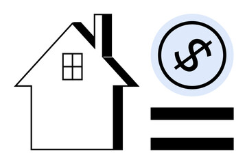 House outline adjacent to equal sign and dollar sign inside circle representing housing cost, mortgage, or real estate values. Ideal for finance, investment, property, homeownership, economy, real