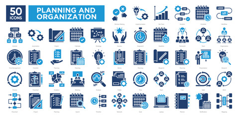 Planning And Organization icon collection set . Simple Solid color vector style icons pack. Vector illustration