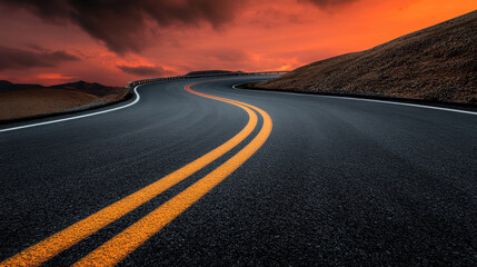 Naklejka premium Dramatic roadway under a fiery red sky capturing the essence of highway expansion projects in digital art form