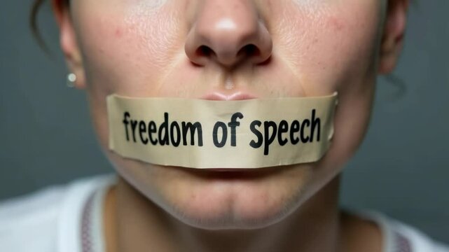 Woman with mouth sealed by adhesive tape, symbolizing the fight for freedom of speech, human rights, and resistance against oppression and censorship. perfect for World Press Freedom Day theme
