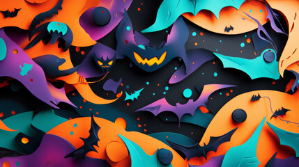Halloween inspired colorful paper cutouts with bats and ghosts