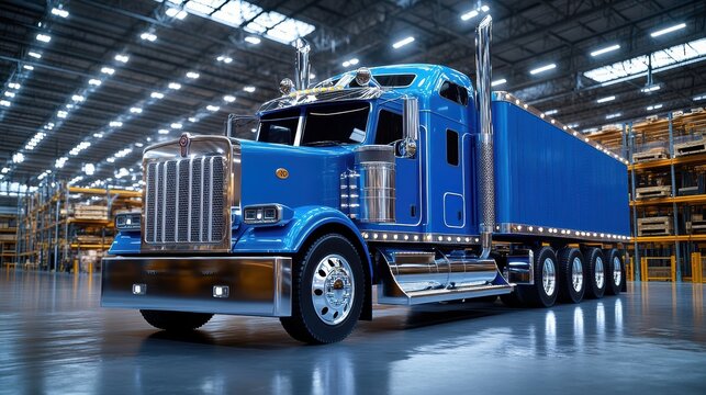 A sleek blue semi-truck, its gleaming paint reflecting the warehouse bright fluorescent lights, stood proudly in front of its imposing brick facade. The scene exuded professionalism and efficiency,