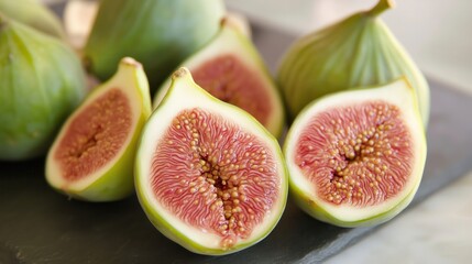 Fresh figs displaying vibrant pink interior on dark surface