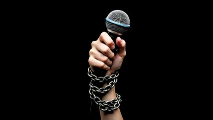 Hand gripping a microphone bound by chains against a dark background, symbolizing the struggle for press freedom and freedom of expression. Perfect for World Press Freedom Day themes