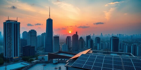 Sunrise cityscape, skyscrapers, rooftop solar panels, architecture, skyscrapers