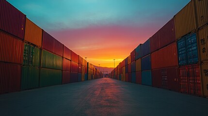 Fototapeta premium As the sun dips below the horizon, painting the sky in hues of orange and purple, the container terminal awakens, its rows of vibrant cargo containers standing tall like silent sentinels, a testament