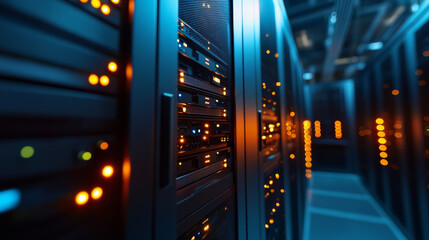High tech server room with illuminated panels and data servers