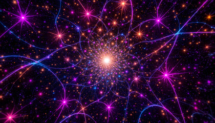 Obraz premium A mesmerizing abstract fractal background featuring intricate patterns that resemble a cosmic dance of colors and shapes, creating a visually stunning and dynamic image.