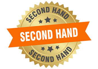 second hand. second hand round orange and gold label isolated on transparent background