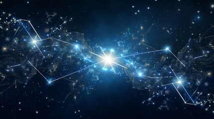 Abstract composition with geometric figures reminiscent of stars and constellations, connected by thin lines. Symbolism of cosmic paths and possibilities