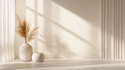 Minimalist studio backdrop with soft beige tones and decorative vases