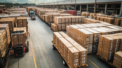A symphony of logistics unfolds at the bustling loading dock. Pallets laden with cardboard boxes, each a testament to the intricate journey of a shipment, are carefully loaded into a towering cargo