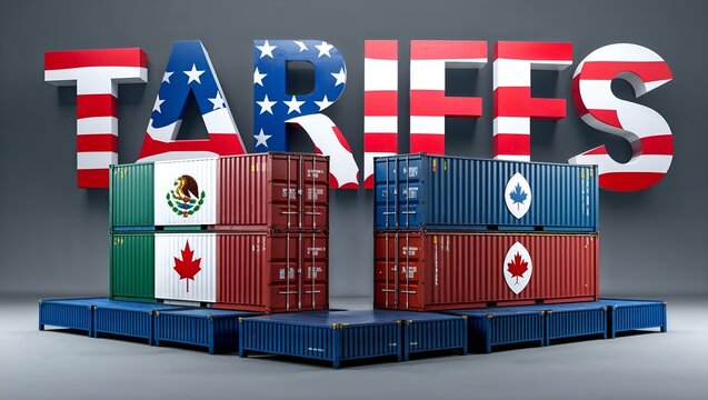 US Imposes Tariffs from China, Canada, Mexico. Geopolitical Trade Impacts in Global. America Tariff Policy. International Trade Relations, Increased Import Tariffs, Trade War Dispute Over Exports 