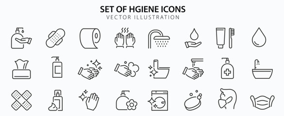 Hygiene web icon set in line style. Cleaning, washing hands, shower, seminar, soap, respiratory mask, antiseptic, clean, collection. Vector illustration.