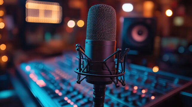 A backlit studio microphone and laptop setup, ideal for podcasters and tech broadcasting.