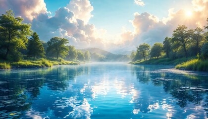 Obraz premium Calm River Landscape with Reflections and Scenic Clouds Above
