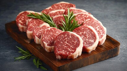 Fototapeta premium Freshly cut beef steaks ready for grilling. Arrangement of thinly sliced, raw beef, resting on a wooden cutting board, garnished with fresh rosemary sprigs