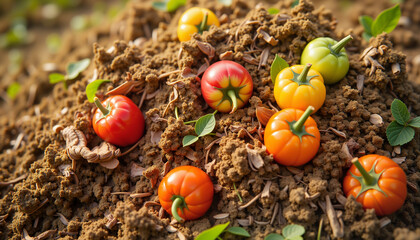Colorful pumpkins on soil pile with green leaves