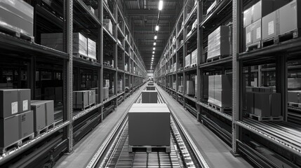 Obraz premium A symphony of motion unfolded in a sprawling distribution warehouse, where a conveyor belt, a metal ribbon carrying the weight of commerce, transported boxes and pallets, guided by the unseen hand of