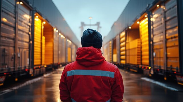 A worker stands beside a large cargo lorry, their gaze focused on the loading dock, a silent guardian of the day deliveries.