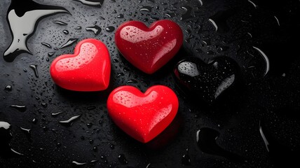Obraz premium Red and black heart glistening with water drops 3D