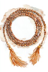Obraz premium Watercolor painting of a prayer rug with soft tassels and prayer beads arranged in a neat circle. The warm glow highlights the textures and colors