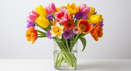 A colorful tulip bouquet in a glass vase showcases the spring blossom's floral beauty