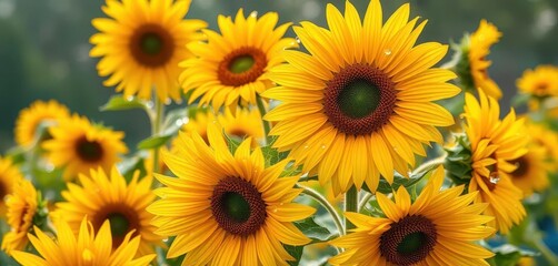 Obraz premium Vibrant yellow sunflowers glistening with morning dew, landscape, bright