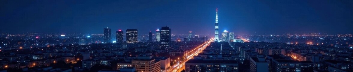 Night view, illuminated spire dominates urban scene, spire, building