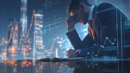 Worried businessperson facing economic crisis, examining falling stock market chart representing bankruptcy, financial loss, and global recession concept