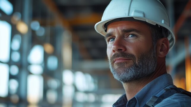 A determined architect in his signature hardhat meticulously inspects the frame of a towering new building, his brow furrowed in concentration as he ensures the structural integrity of this modern